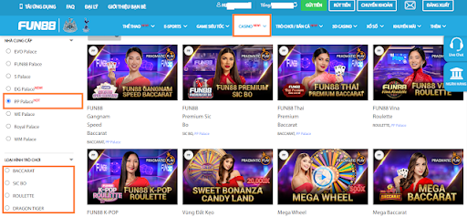 Những Trò Chơi Nổi Bật Tại Live Casino Fun88