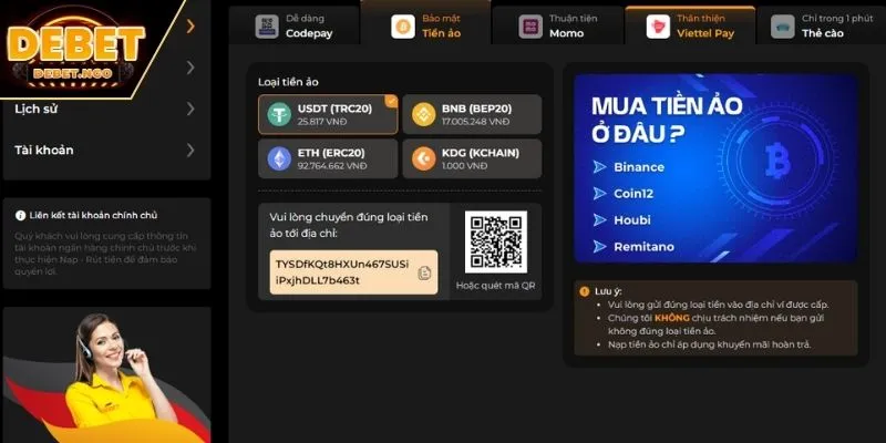 Nạp tiền tại DEBET