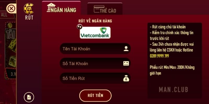 Lựa chọn tính năng rút tiền Manclub