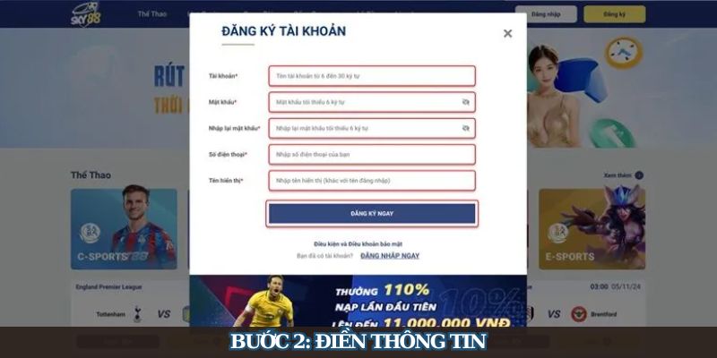 Điền đầy đủ thông tin được yêu cầu trong form đăng ký SKY88